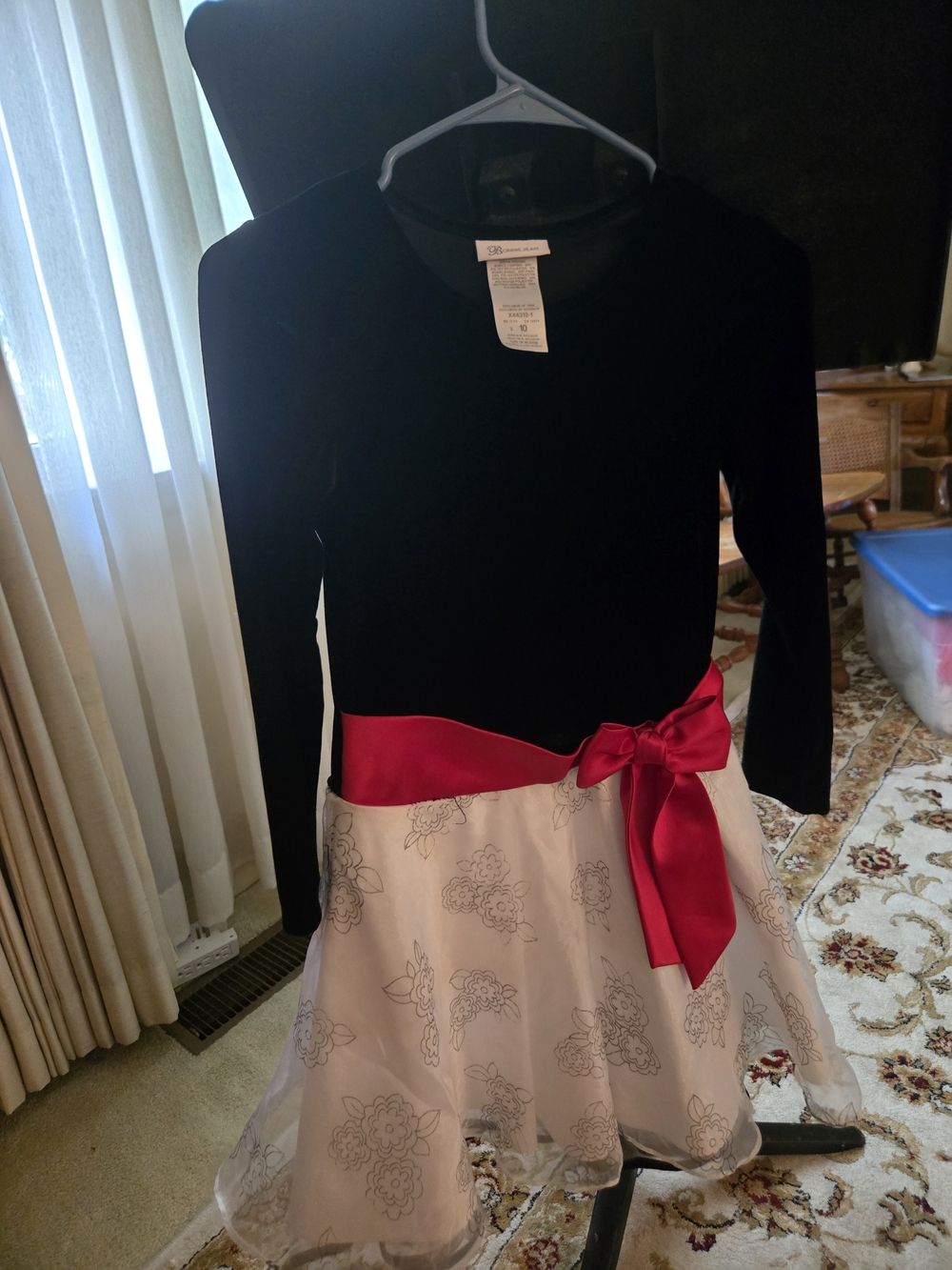 Bonnie Jean Black Velvet Top Girls' Dress with White Floral Skirt and Red Sash